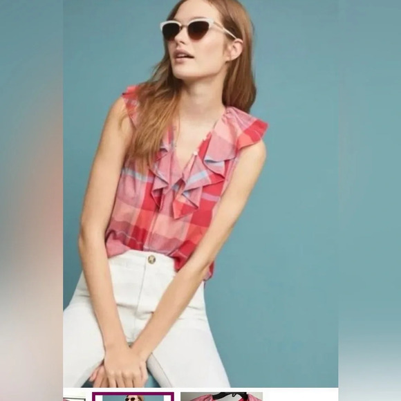 Anthropologie Isabella Sinclair Andover Red/Blue Cotton Plaid Ruffle Size Med. - Picture 2 of 6